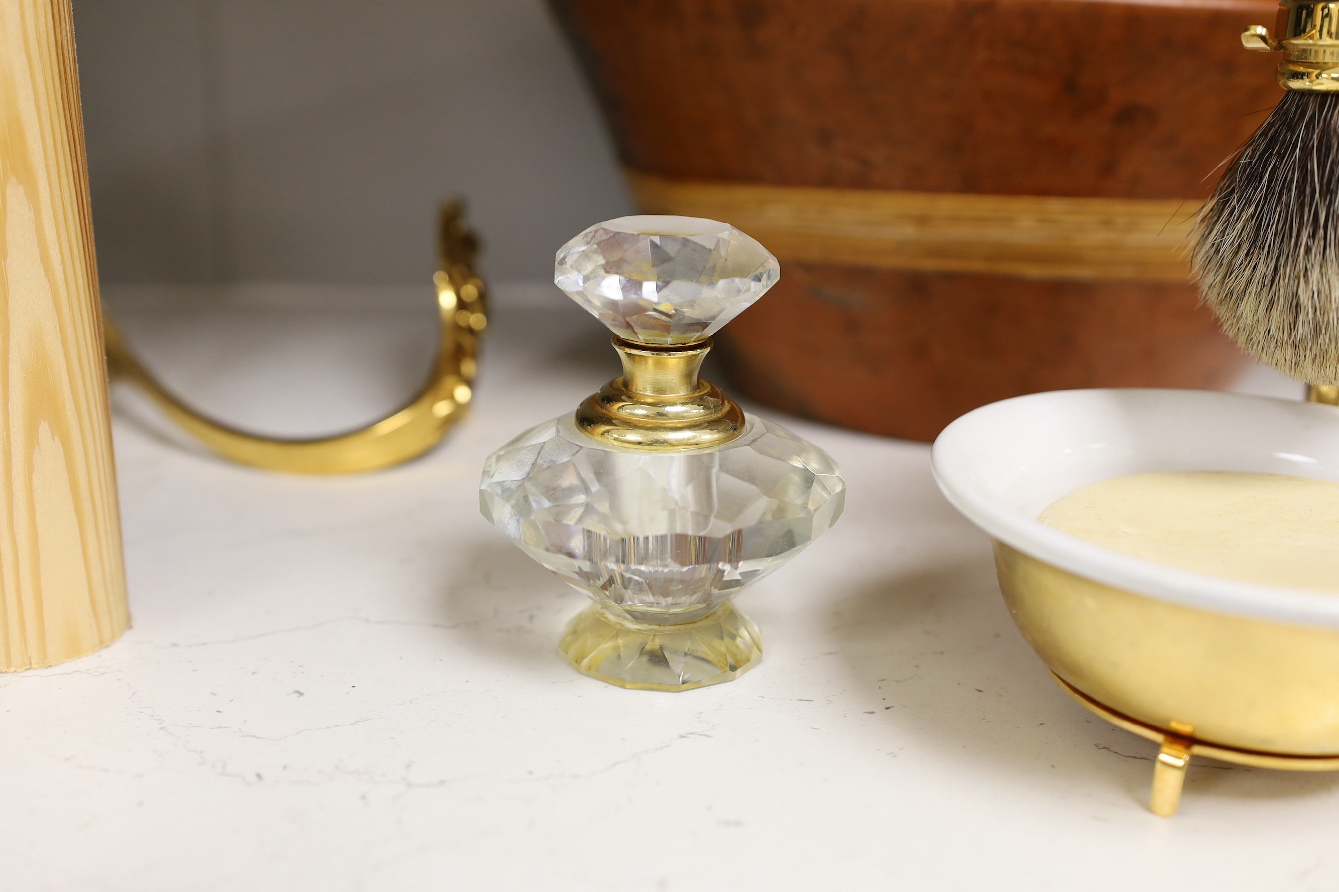 Harrods gold-plated bathroom fittings, Faberge atomiser, stylish shaving equipment, together with other decorative wares